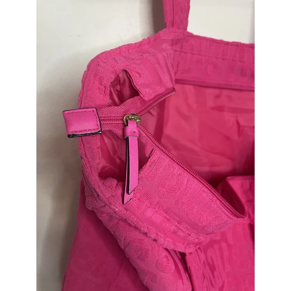 Victoria's Secret Tote Bag Large Hot Pink Terry Cloth Spellout Logo Zipper Beach